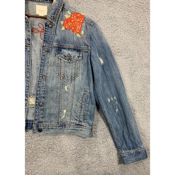 American Eagle (M) Blue Jean Denim Jacket Floral Wearable Art Distressed Pockets - Picture 3 of 16